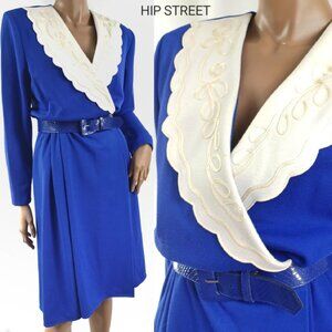 LESLIE FAY Vintage 80's LS Front Wrap Scallop Shawl Collar Jersey Dress 16
